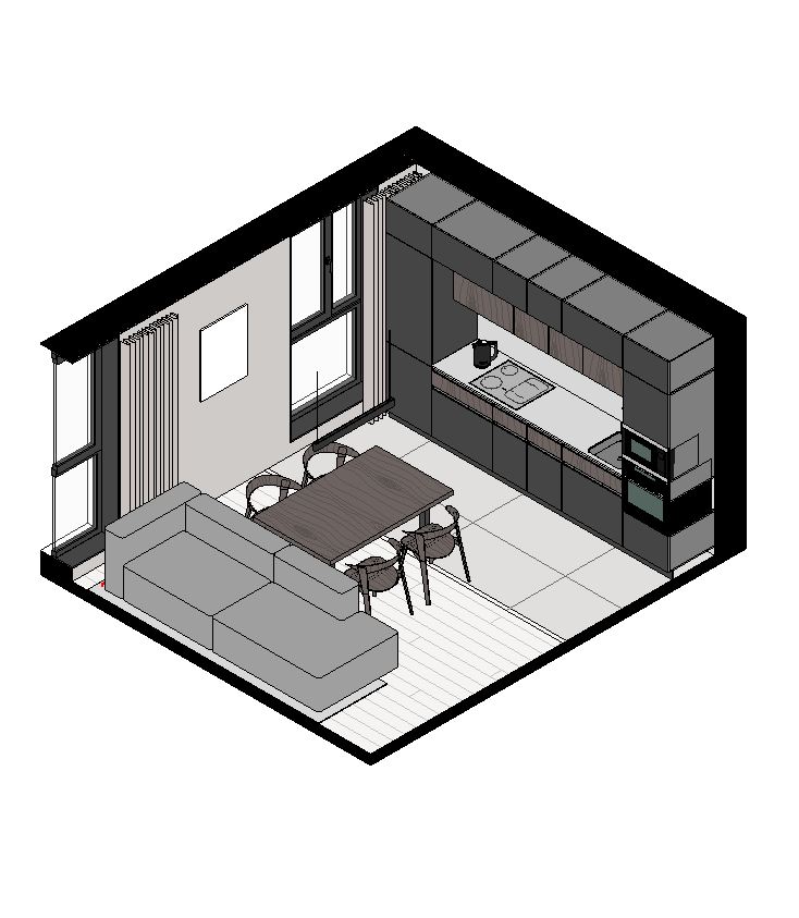 3D drawing of living room + kitchen